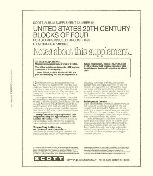 Scott US Blocks Of Four 1993 #54