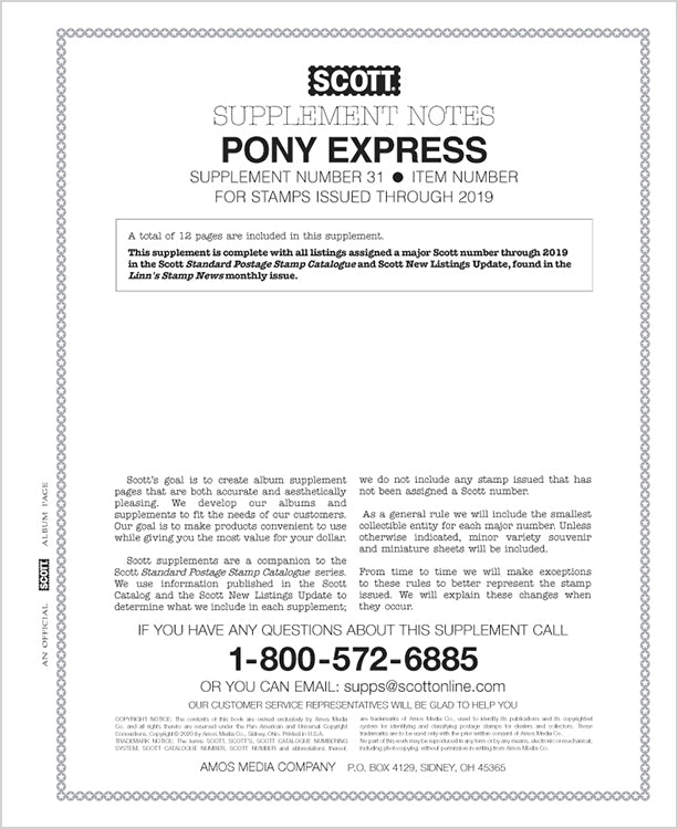 Scott US Pony Express 2019 #31